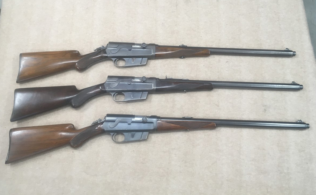 The rifles in this set are model 8 round knob pistol grip in C grade. The calibers are 25, 30 and 35.